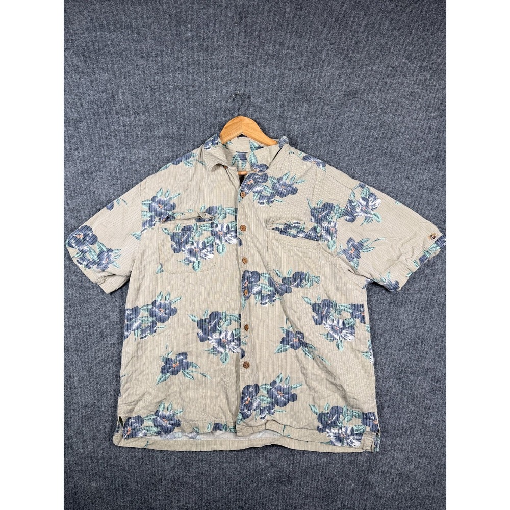 Vintage Tommy Bahama Hawaiian Shirt Mens XL Beige Floral Rayon Summer Button Up